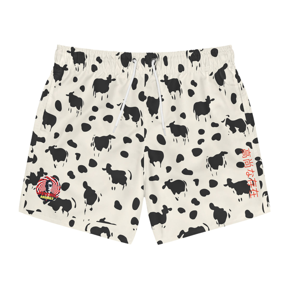 Off-white swim trunks with an all-over black cow silhouette and abstract spot pattern, plus drawstrings.