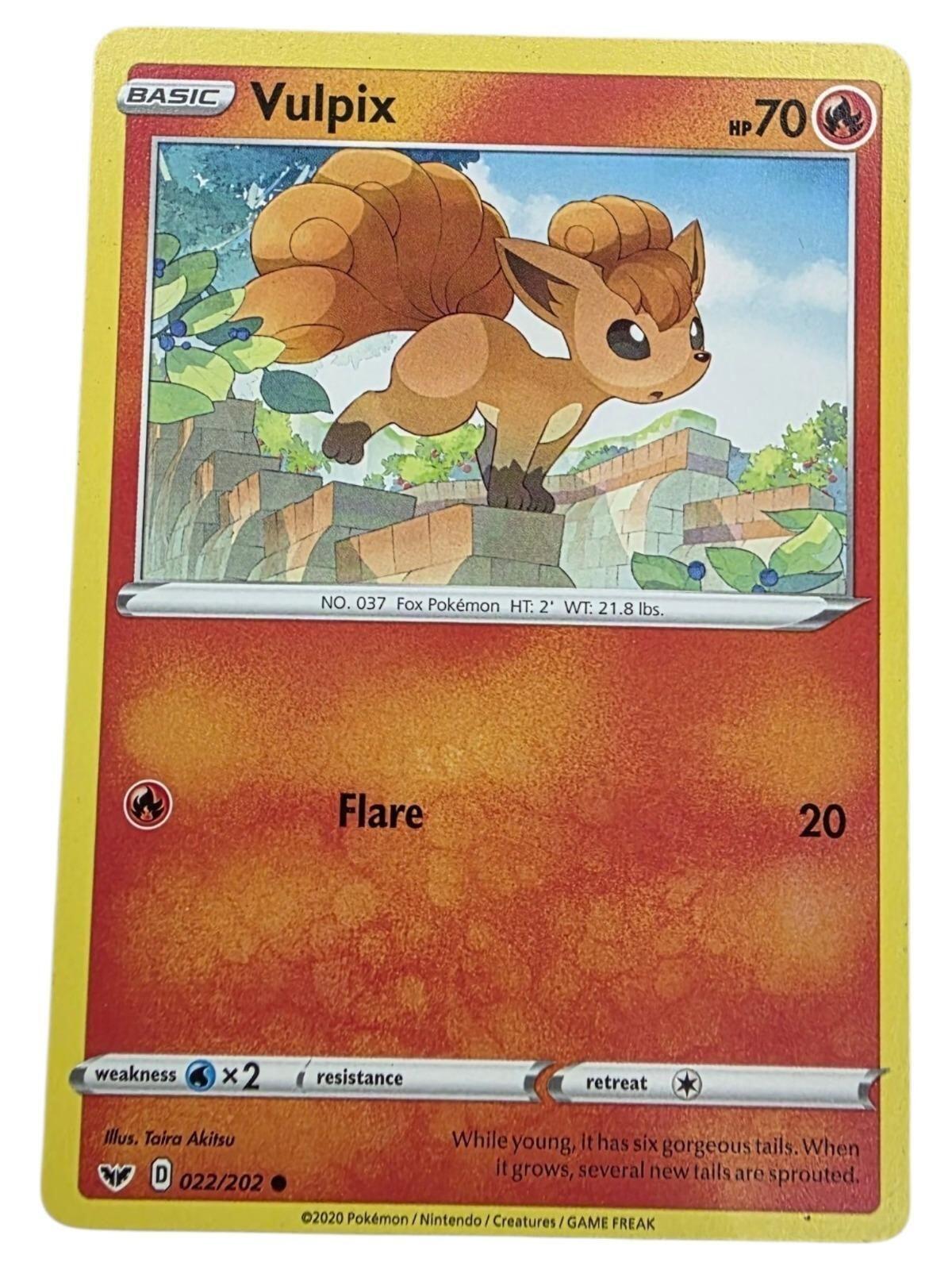 Pokemon Vulpix Common card from the Sword & Shield Base Set featuring the Flare attack.