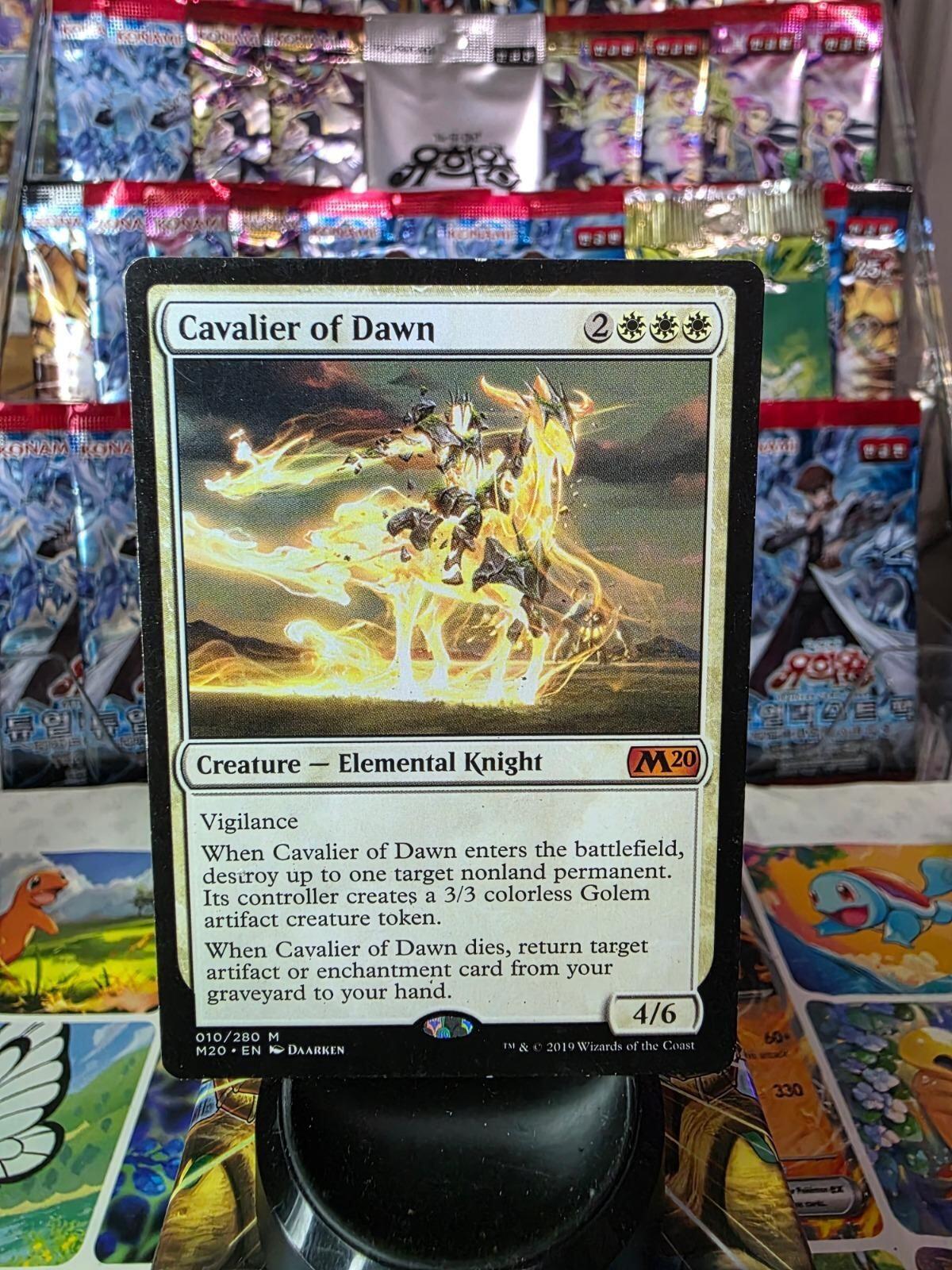 Magic: The Gathering Cavalier of Dawn foil card with glowing knight artwork.