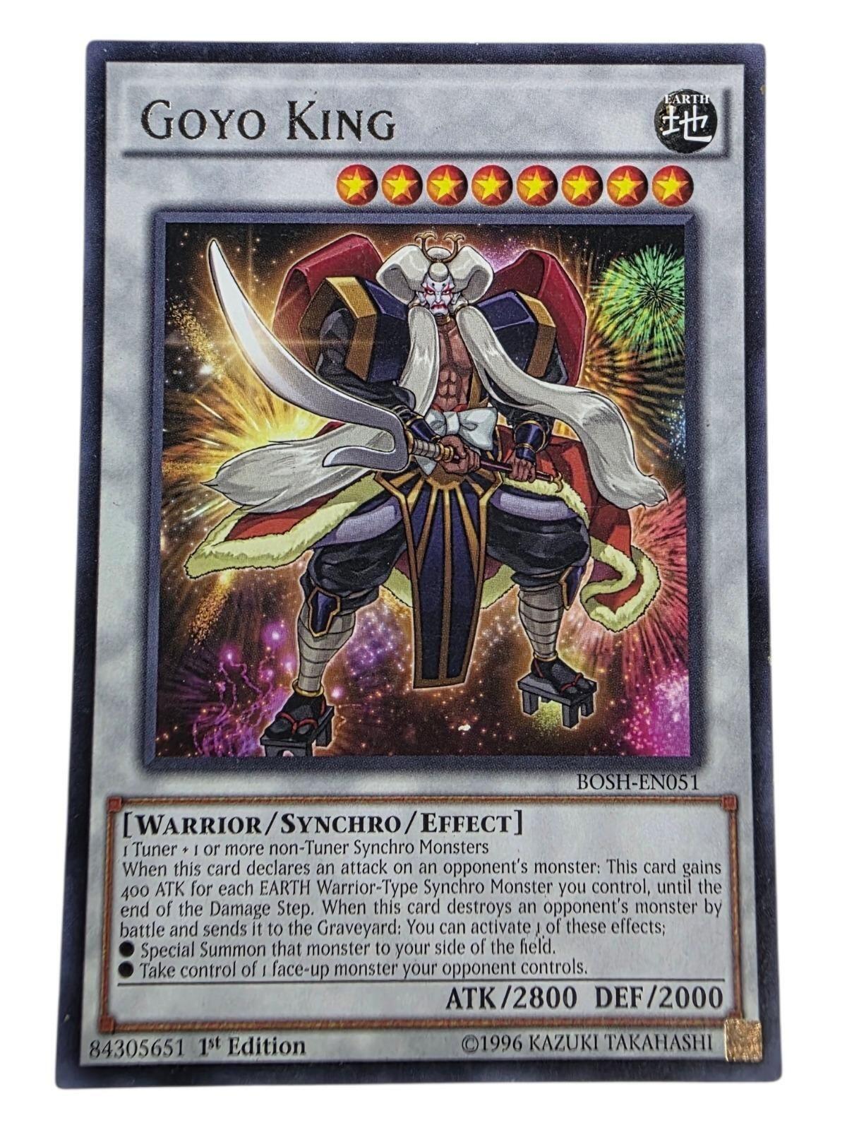 Goyo King 1st Edition Yu-Gi-Oh! card featuring a warrior character holding a sword against a fireworks background.