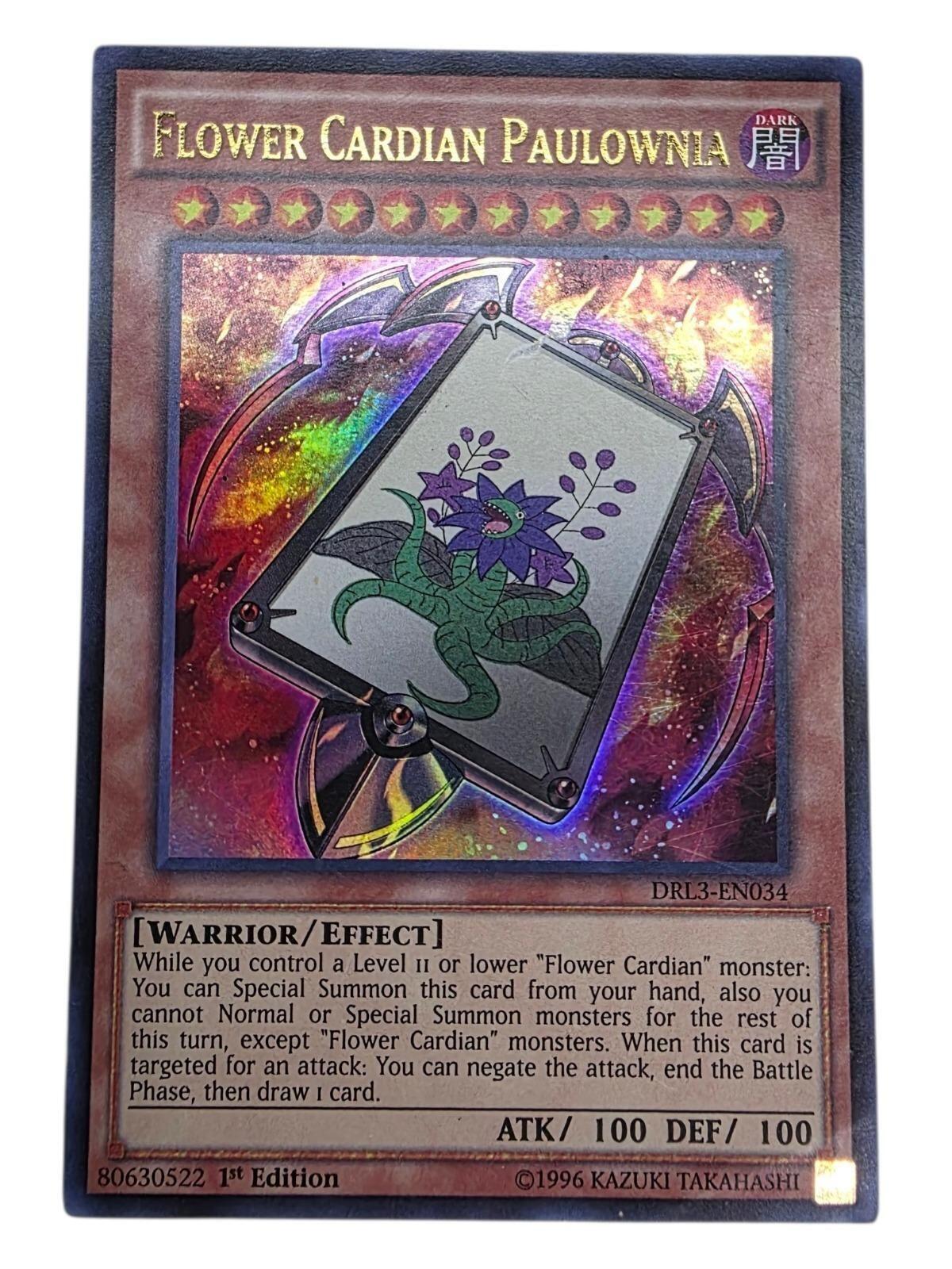 Flower Cardian Paulownia 1st Edition Yu-Gi-Oh! card showing a purple flower monster.