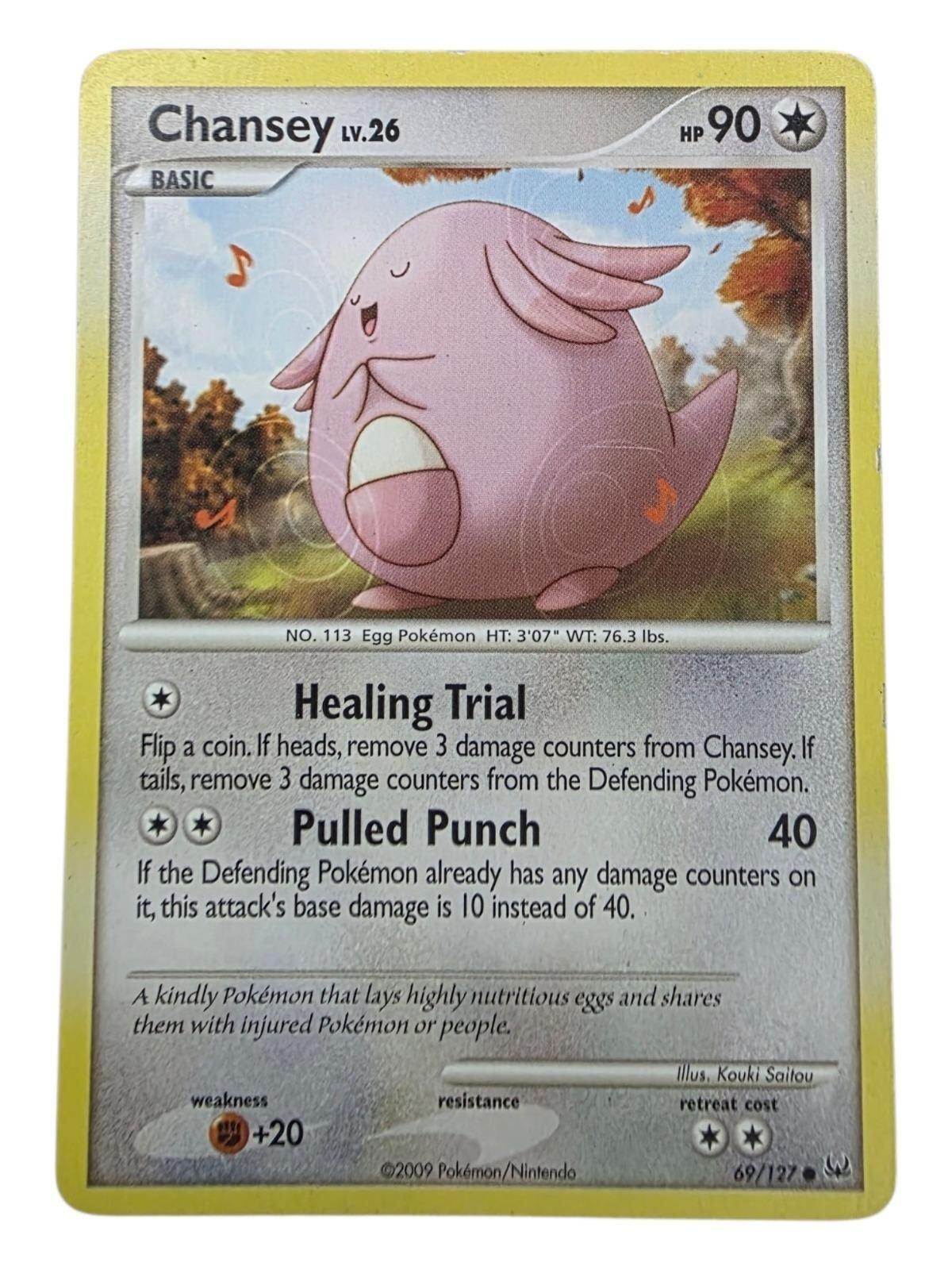 Chansey Pokémon card showing Healing Trial and Pulled Punch attacks.