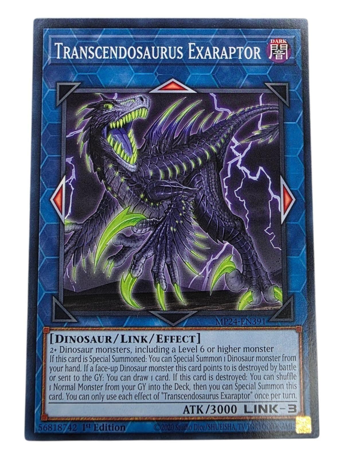 Transcendosaurus Exaraptor 1st Edition common Yu-Gi-Oh! card showing a purple and green dinosaur monster.