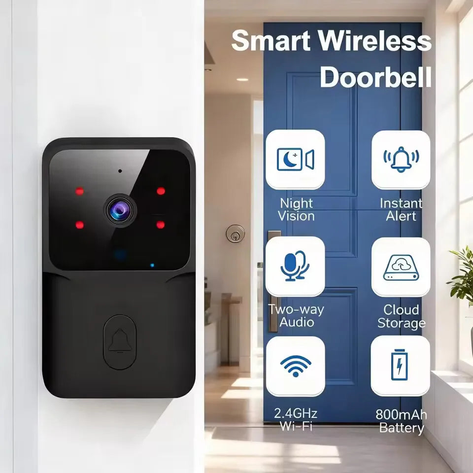 Black wireless video doorbell with camera, red sensors, and bell button mounted beside a blue door.