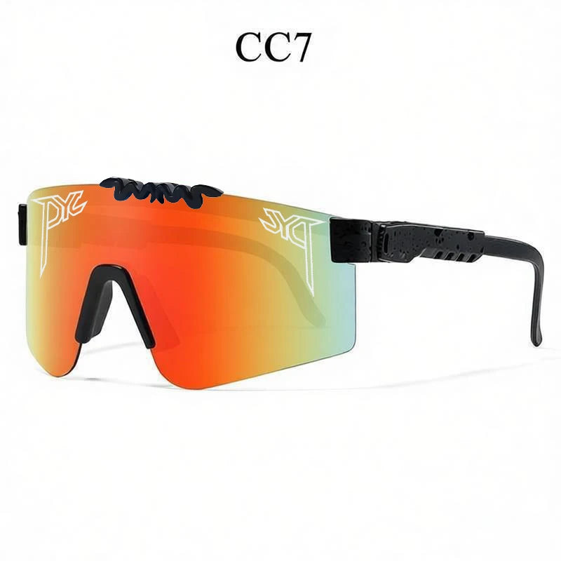 Sport sunglasses with large red-orange mirrored lenses, black frames, and a white snake logo on each side.