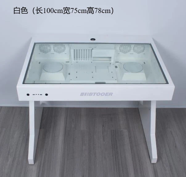White computer desk with a glass top and internal components visible, featuring the text "BTOOER".