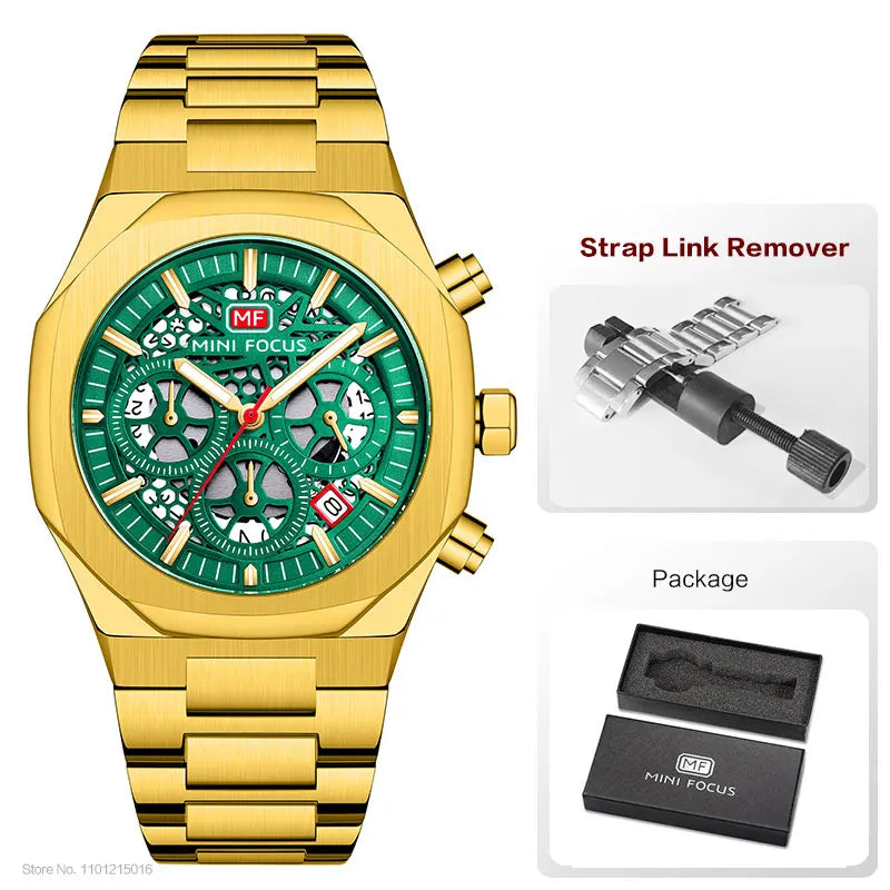 MINI FOCUS Motley Chronograph Quartz Watches Men Stainless Steel Business Sport Wristwatch with Luminous Hands Auto Date 0411