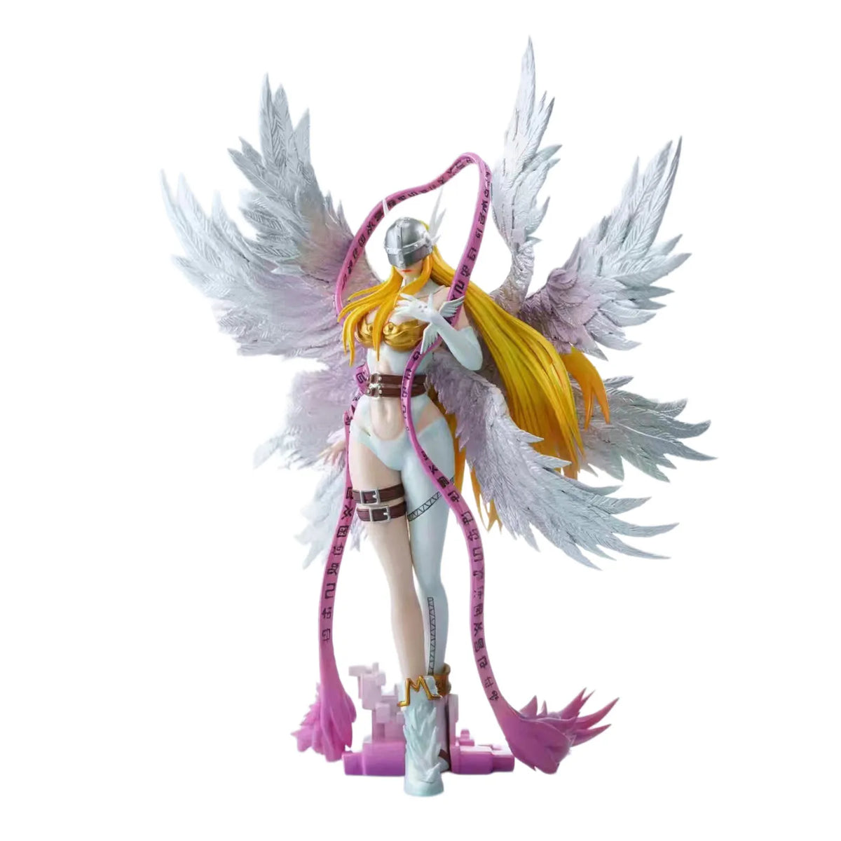 Angewomon figurine with large white feathered wings, long blonde hair, a silver helmet, and a winding pink ribbon.
