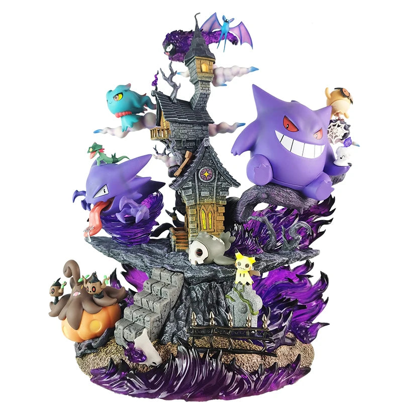 Gengar and ghost Pokémon figure diorama with a haunted house, purple flames, and a graveyard.