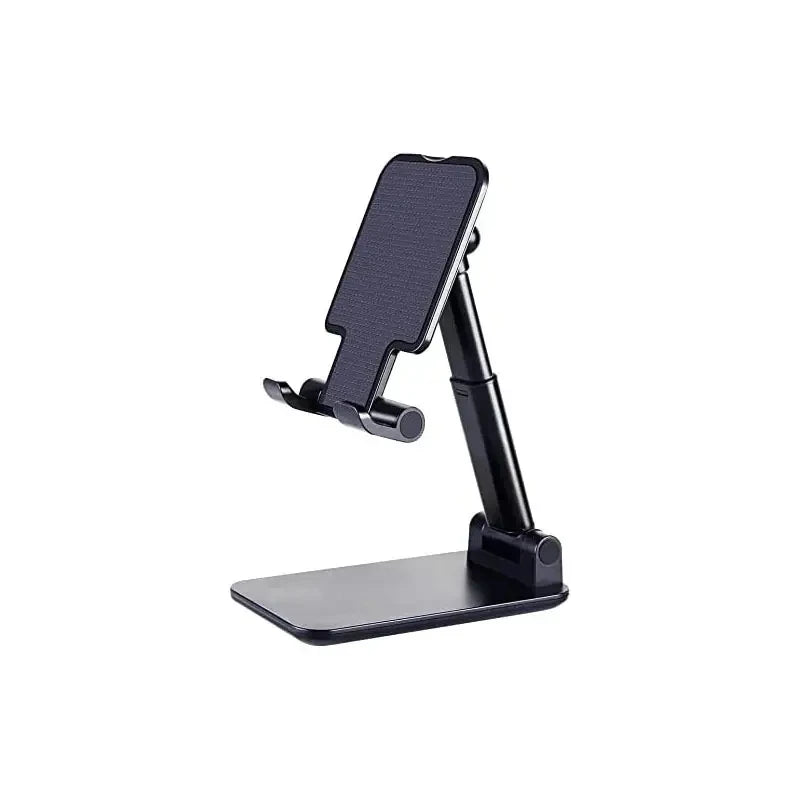 Black adjustable phone and tablet desk stand with a flat base, extendable arm, and textured support cradle.