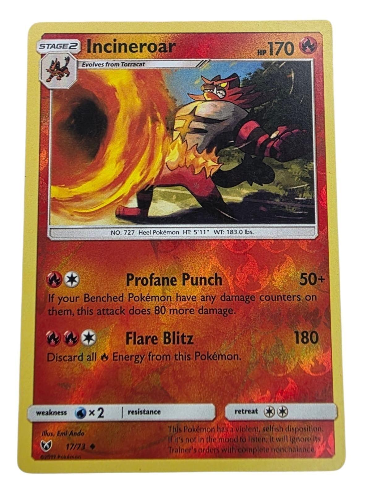 Incineroar Rare Pokémon card with foil background showing the character using a fire attack.