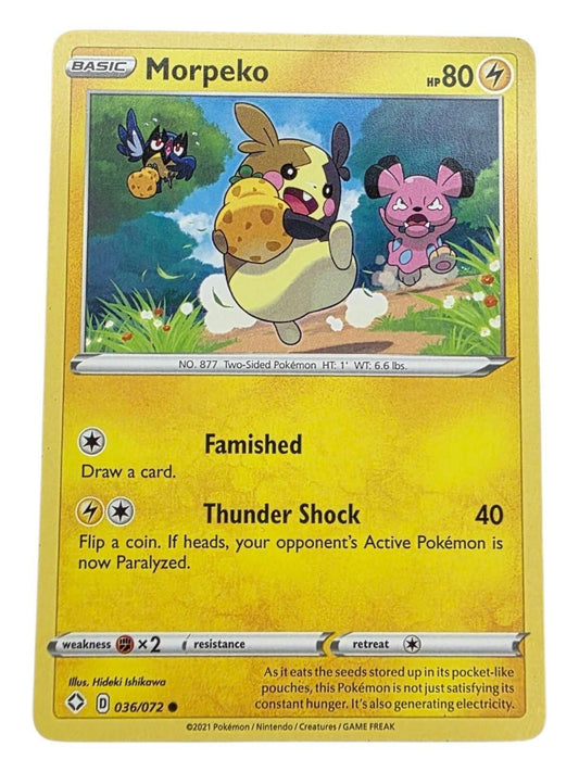 Morpeko 036/072 Common Pokémon card from Shining Fates, showing Morpeko running with seeds.