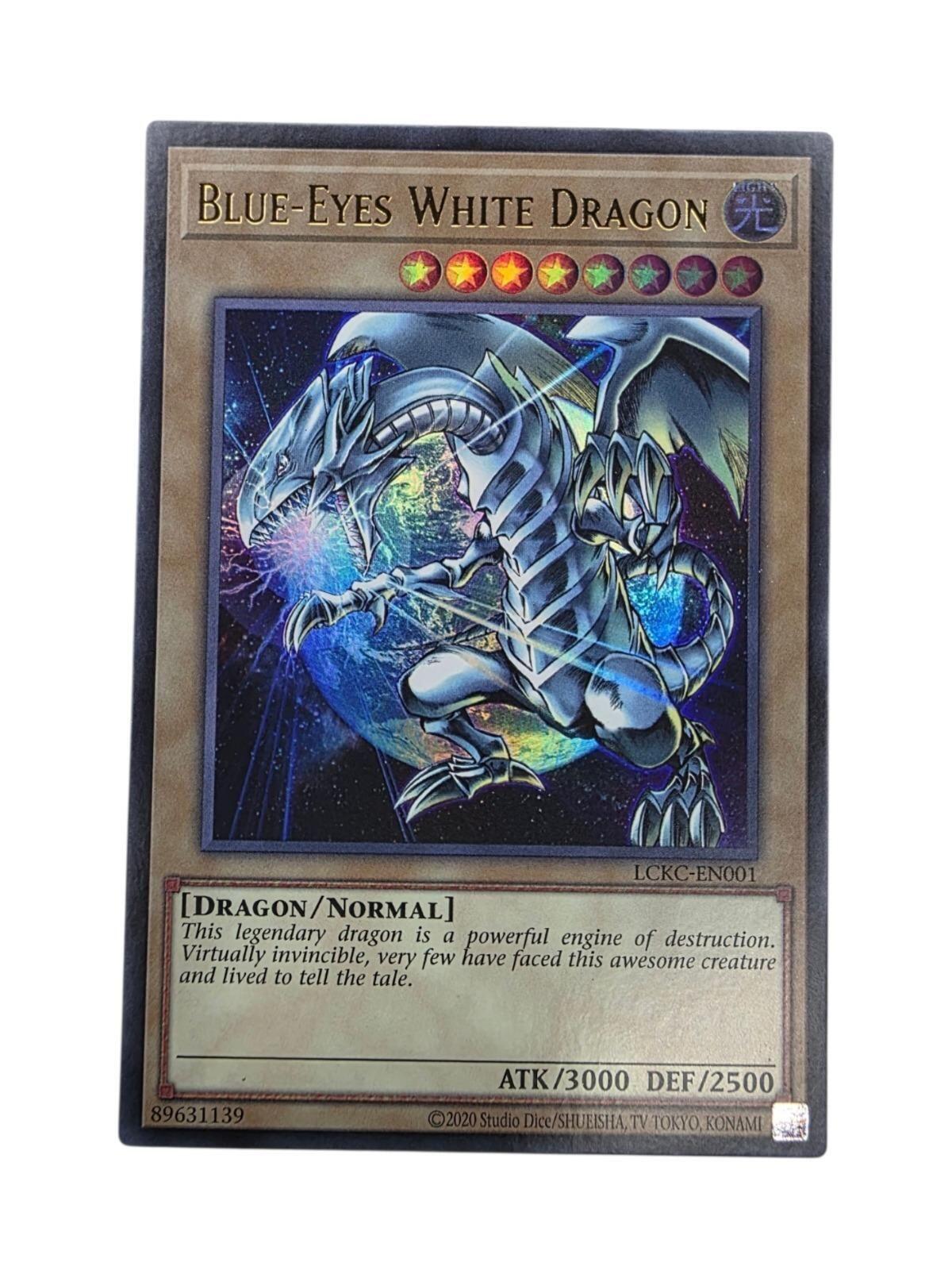 Blue-Eyes White Dragon Yu-Gi-Oh! trading card featuring foil artwork of a white dragon in space.
