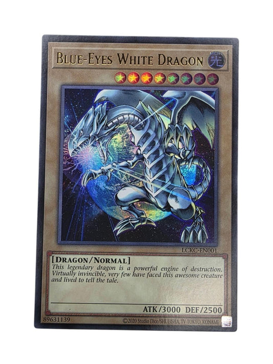Blue-Eyes White Dragon Yu-Gi-Oh! trading card featuring foil artwork of a white dragon in space.