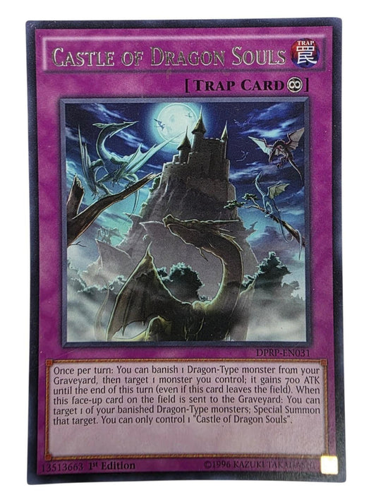 Castle of Dragon Souls Yu-Gi-Oh! trap card, 1st Edition, featuring a dark castle and dragons under a full moon.