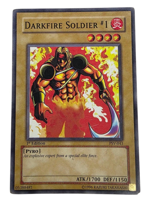 Darkfire Soldier #1 1st Edition Yu-Gi-Oh! card showing a muscular pyro character amidst flames.