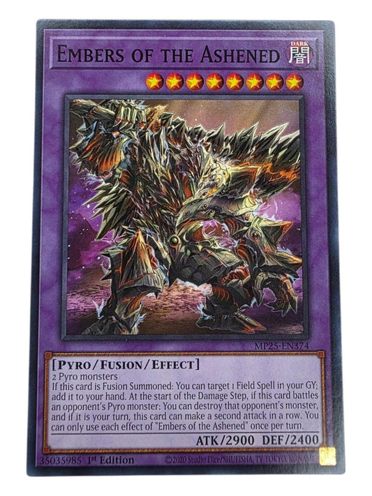 Embers of the Ashened 1st Edition Super Rare Yu-Gi-Oh! card featuring a rocky, fiery monster.