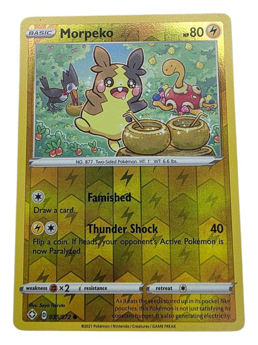 Morpeko Pokémon trading card with foil pattern, featuring illustration of Morpeko drinking coconut juice.