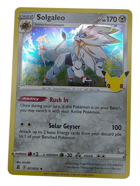 Solgaleo Holo Rare Celebrations 021/025 Pokémon card with foil finish.