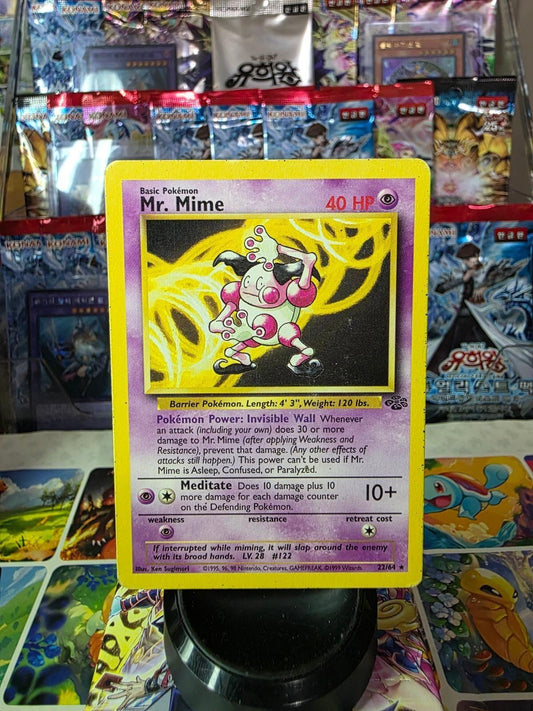 Mr. Mime Pokémon trading card, Base Set 2, featuring purple and yellow border design.