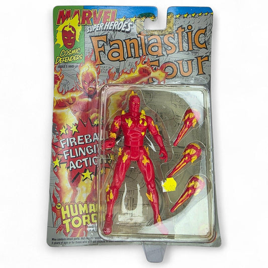 Carded 1994 Marvel Super Heroes Human Torch action figure with three fireball accessories.