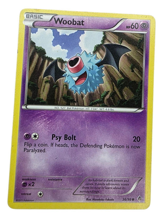 Woobat 36/98 Common Emerging Powers Pokémon card with purple background.