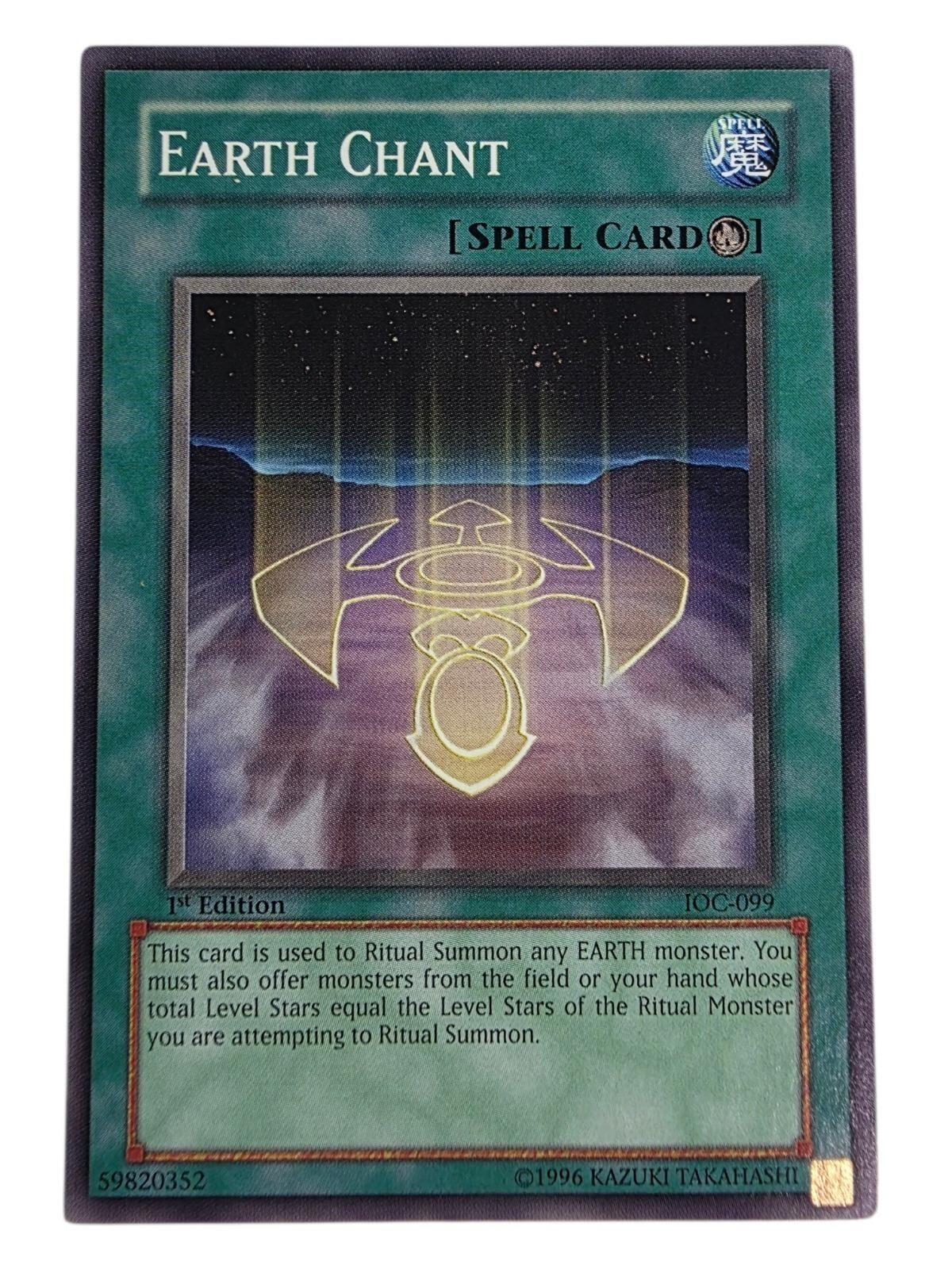 Earth Chant Yu-Gi-Oh! spell card from Invasion of Chaos, showing artwork of a glowing golden symbol.