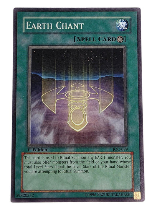Earth Chant Yu-Gi-Oh! spell card from Invasion of Chaos, showing artwork of a glowing golden symbol.