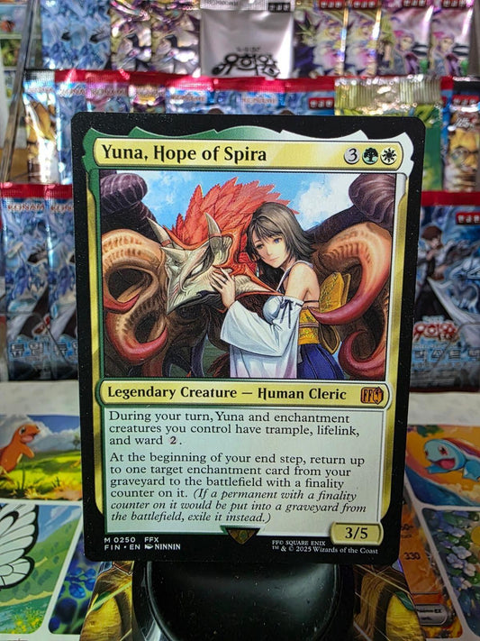 Yuna, Hope of Spira Magic card featuring artwork of Yuna embracing a horned creature.