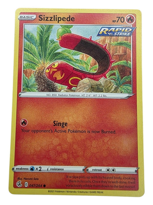 Sizzlipede 047/264 Common Pokémon card from SWSH Fusion Strike showing a red centipede-like creature.