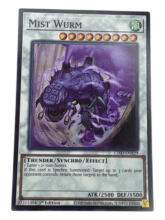 Mist Wurm 1st Edition Secret Rare Yu-Gi-Oh! card showing artwork of a purple robotic creature surrounded by mist.