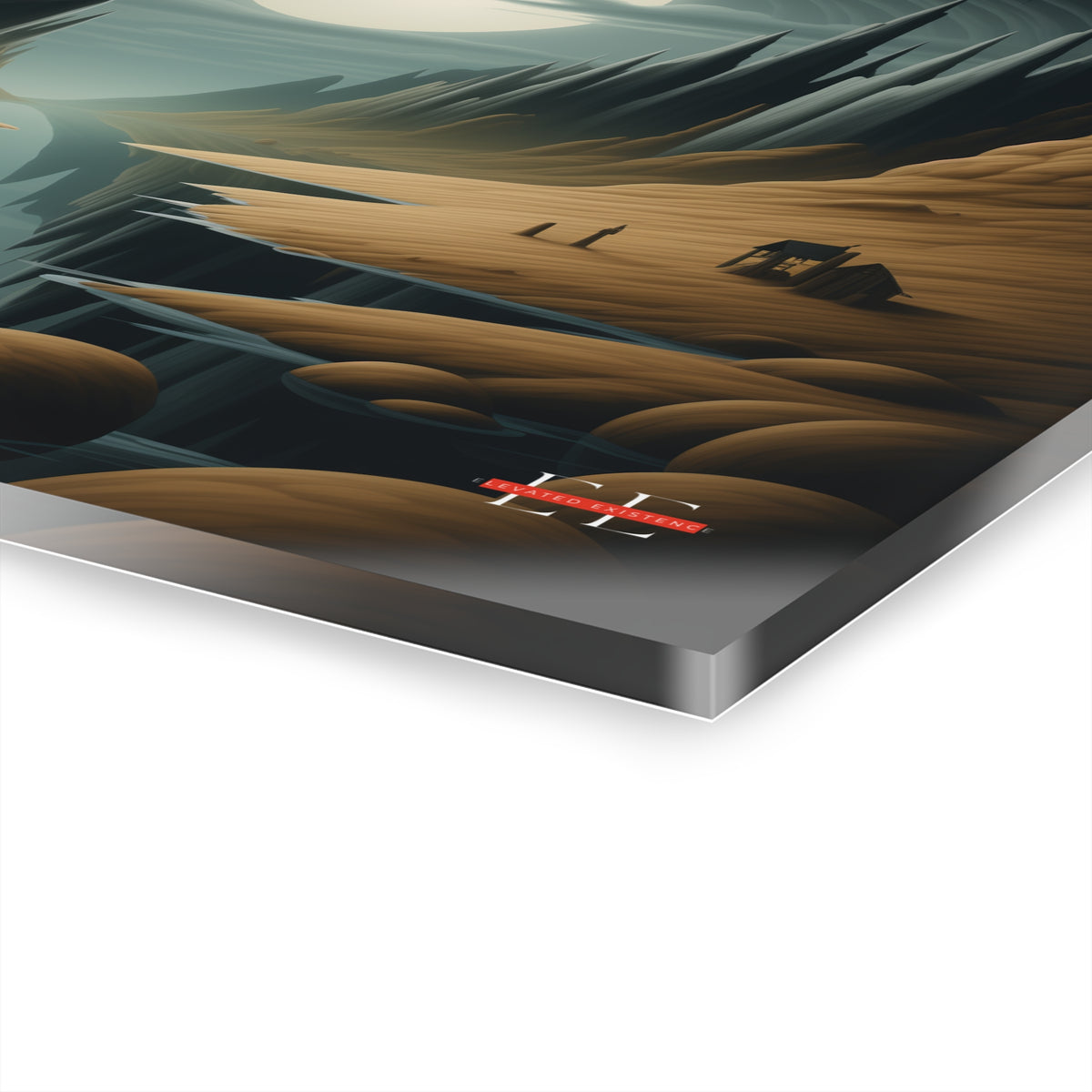 Angled view of a glossy acrylic home decor piece featuring a surreal desert landscape with sharp cliffs.