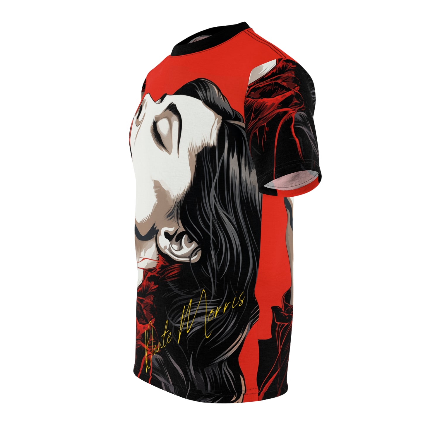 Side view of a red and black all-over print t-shirt featuring a stylized graphic of a person's face.