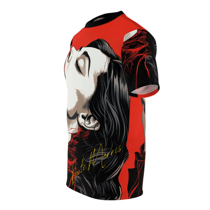 Side view of a red and black all-over print t-shirt featuring a stylized graphic of a person's face.