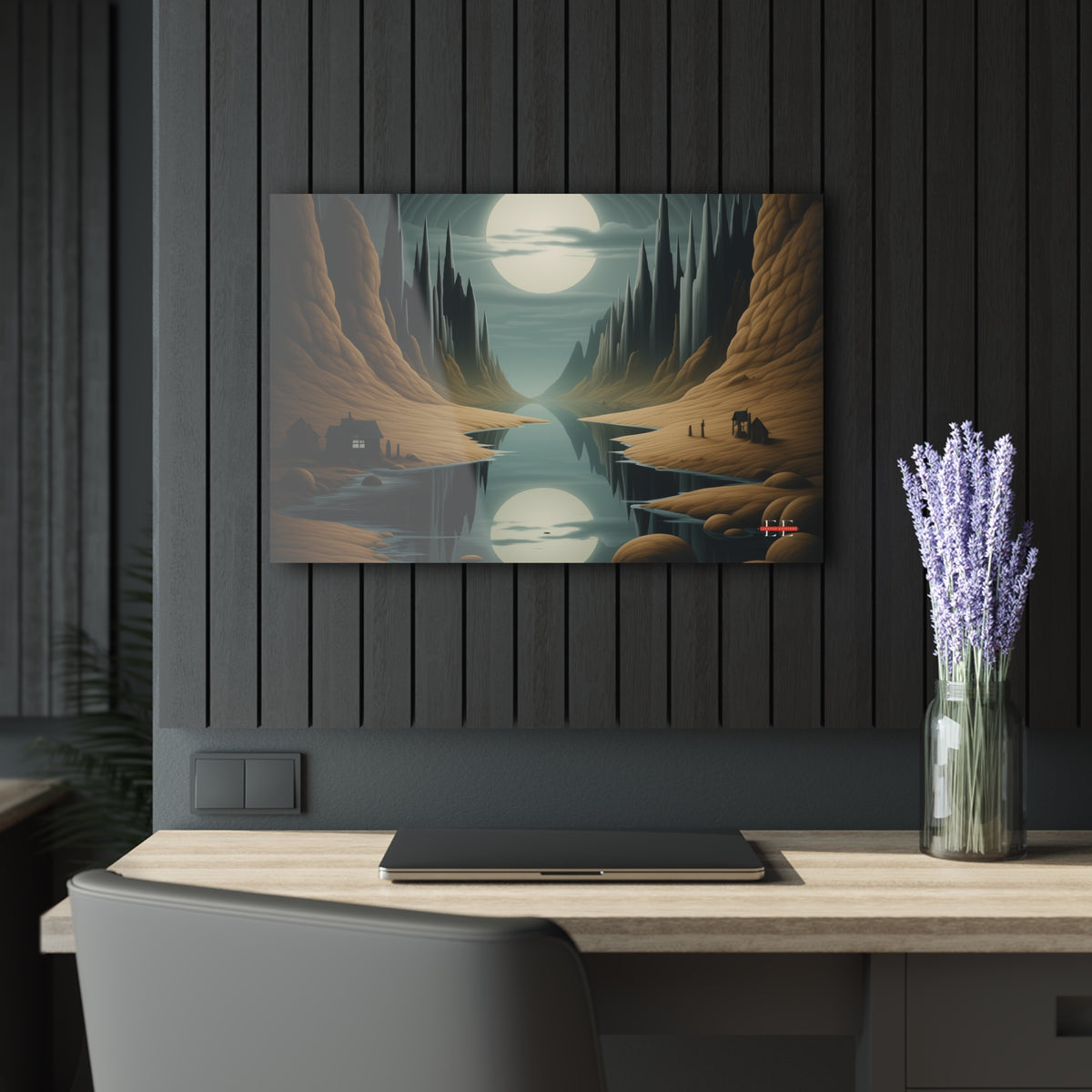 Reality 2.0 acrylic art print of a moonlit canyon landscape hanging on a dark slatted wall.