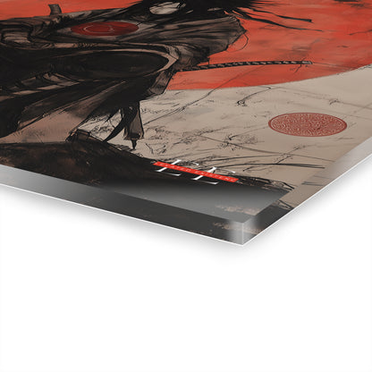 Angled corner view of the Ghost of the Uchiha acrylic wall art featuring an ink-style character against a red sun.