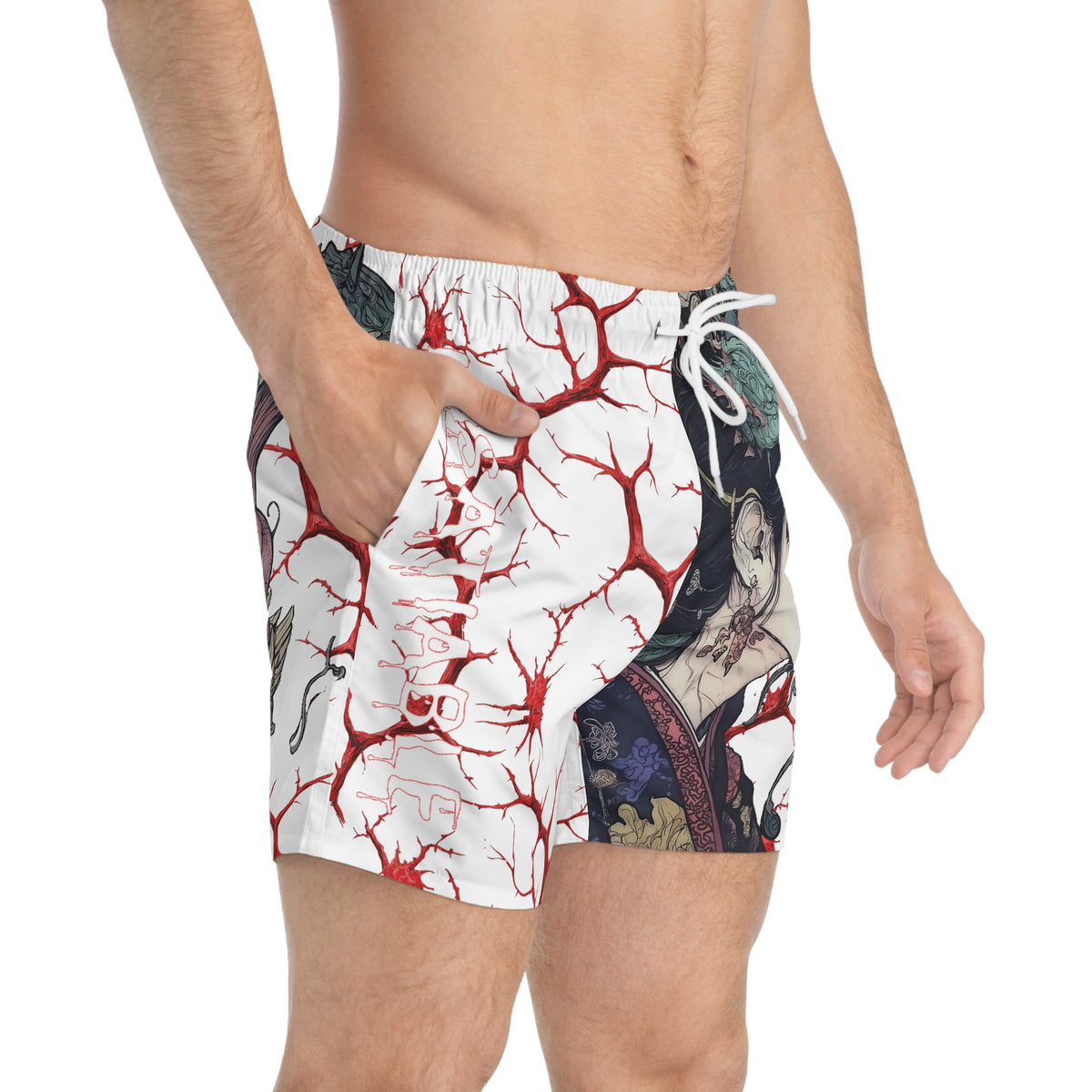 Man wearing white swim trunks with a red vein pattern and anime-style character graphics.