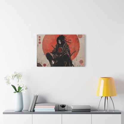 Ghost of the Uchiha acrylic wall art hanging above a credenza with flowers and a lamp.