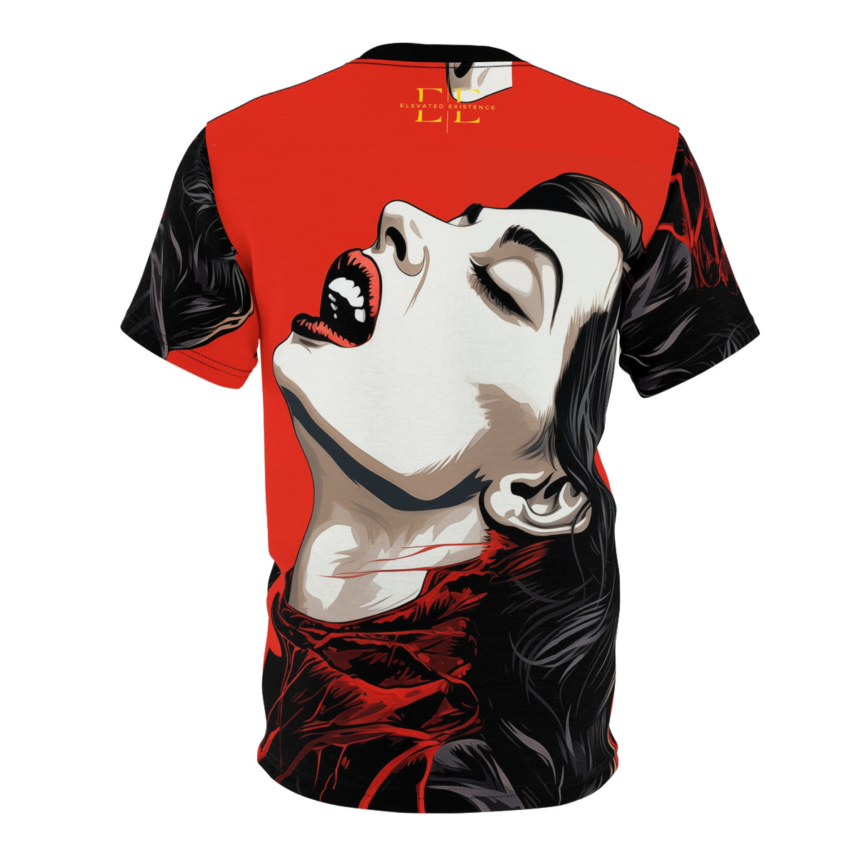 Back view of a red graphic t-shirt featuring an all-over print of a woman's face with black hair.