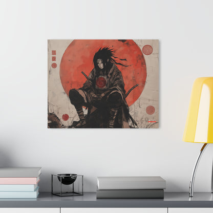 Acrylic wall art featuring a black-haired character in dark robes crouched before a large red moon.