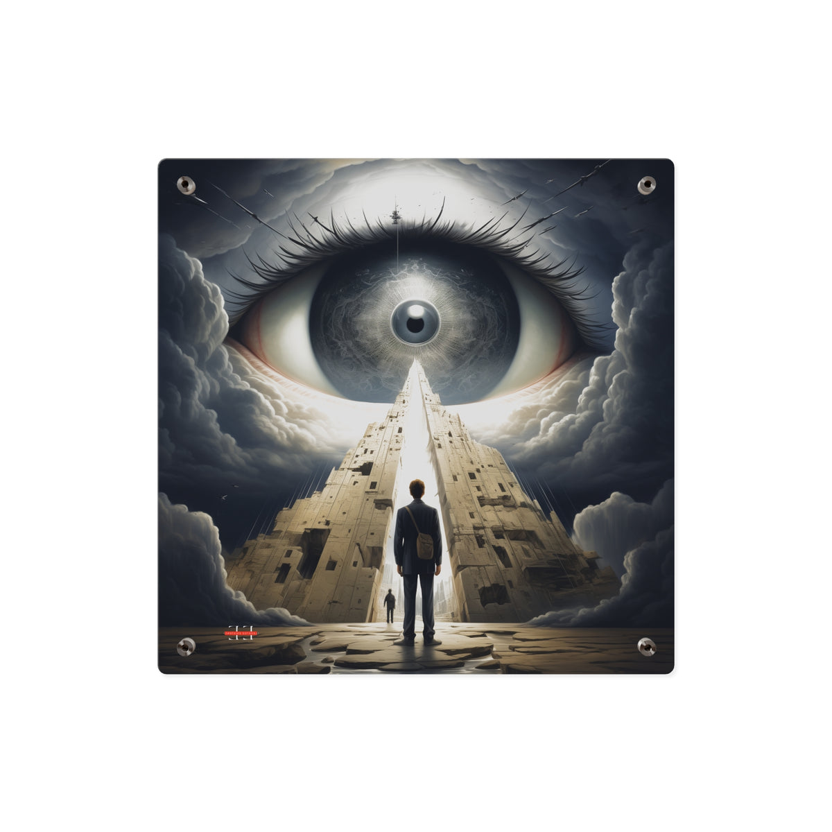 "Babylon 2035" acrylic masterpiece depicting a surreal landscape with a giant eye, towering ruins, and a figure.