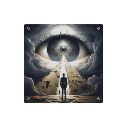 "Babylon 2035" acrylic masterpiece depicting a surreal landscape with a giant eye, towering ruins, and a figure.