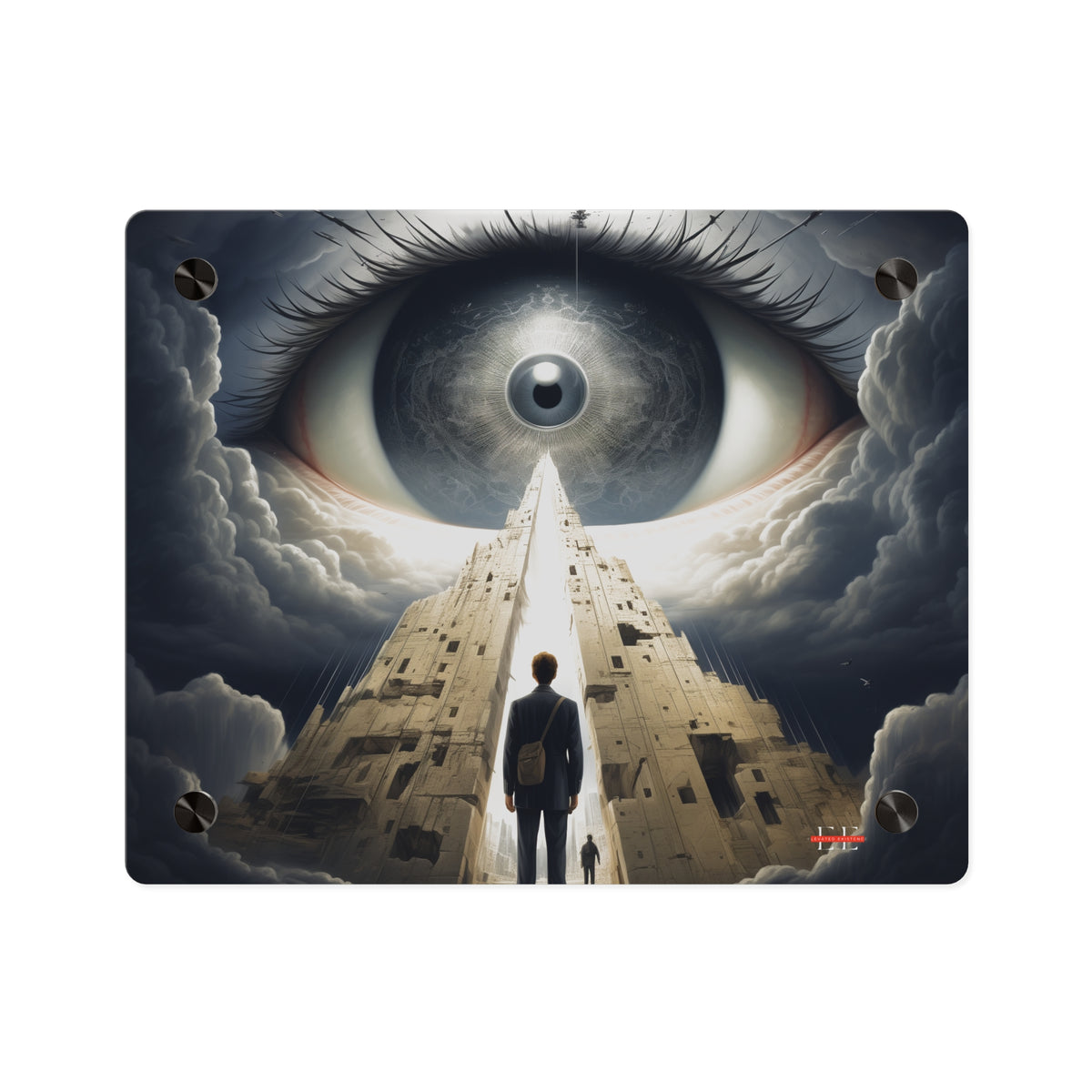 Acrylic masterpiece featuring a giant eye, towering structures, and a figure in a suit.