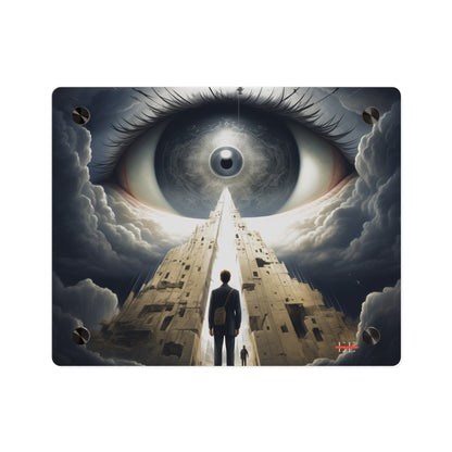 Acrylic masterpiece featuring a giant eye, towering structures, and a figure in a suit.