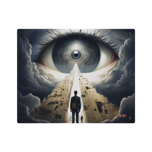 "Babylon 2035" acrylic home decor featuring a person standing before a towering structure beneath a giant eye.