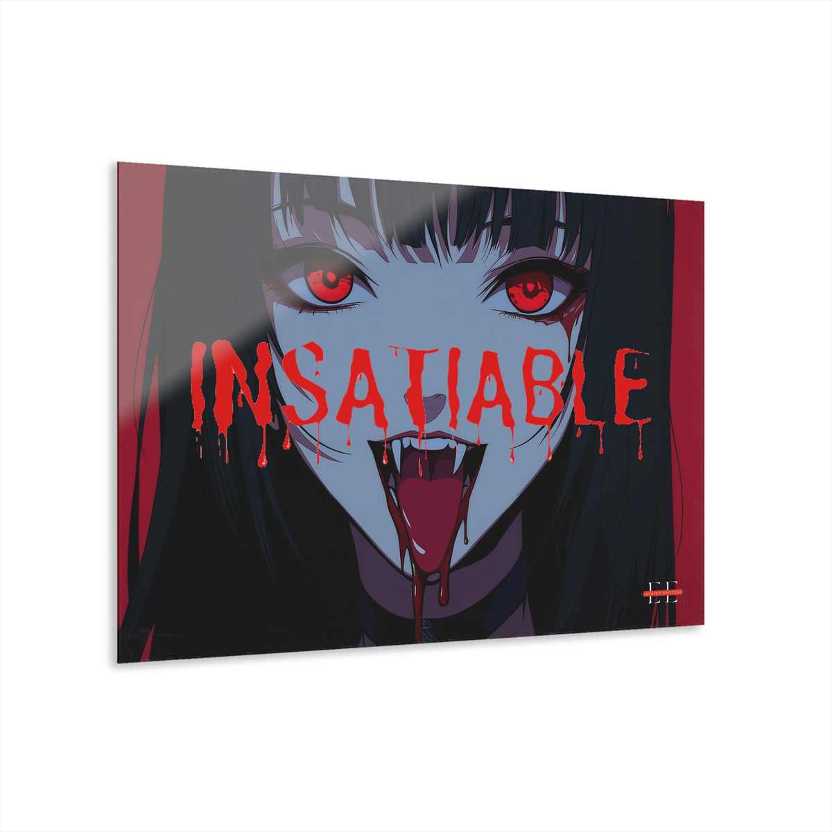 Glossy acrylic wall art featuring anime vampire art with red text reading INSATIABLE.