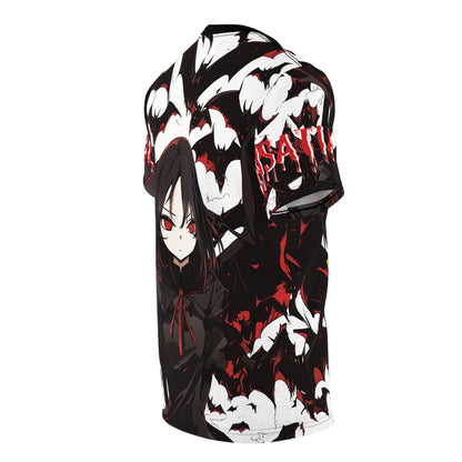 Back view of the INSATIABLE T-shirt with an anime girl and bat print in black, red, and white.