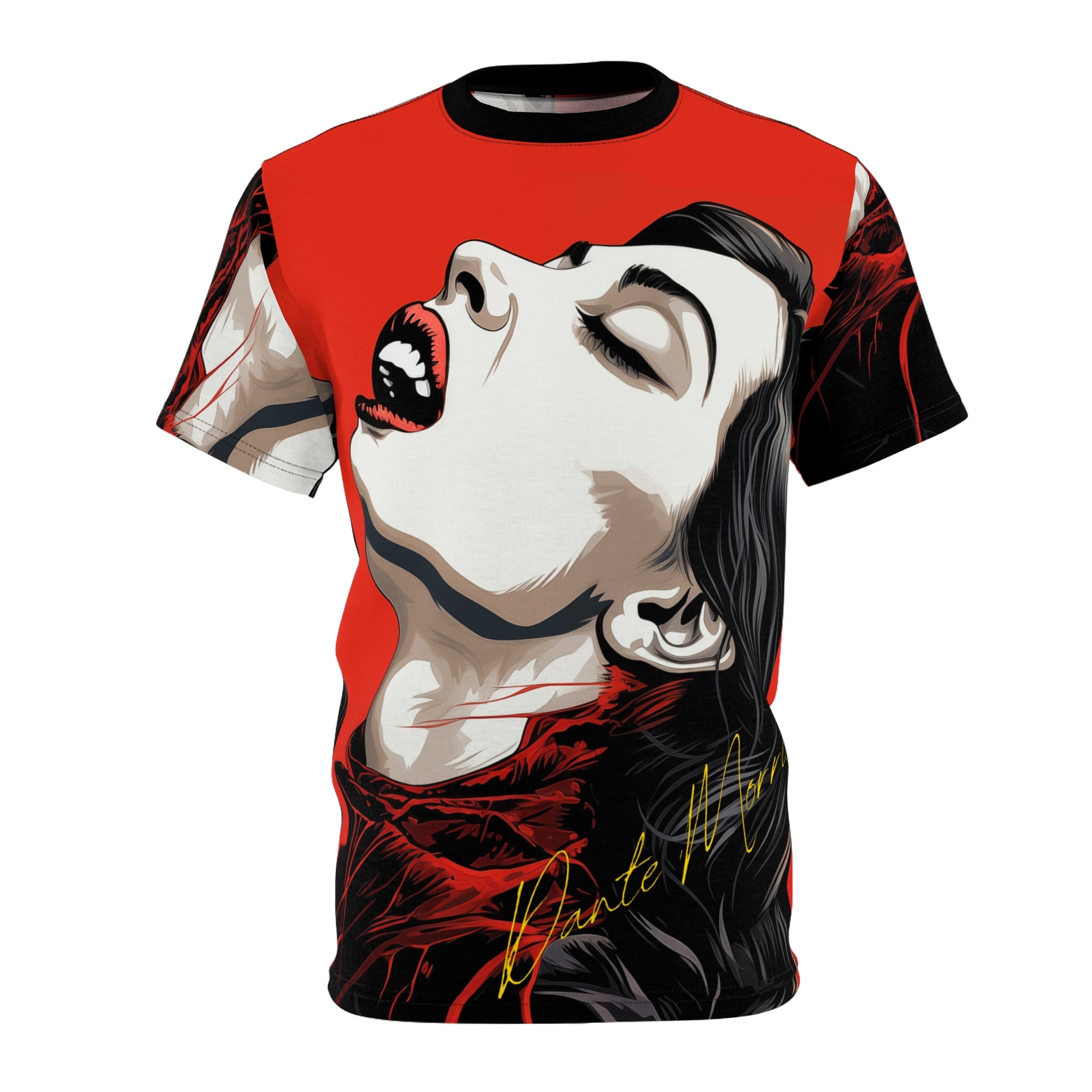Just a Drop "INSATIABLE" all-over print t-shirt featuring a graphic of a woman's face on a red background.