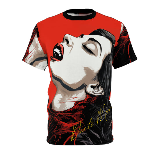 Just a Drop "INSATIABLE" all-over print t-shirt featuring a graphic of a woman's face on a red background.