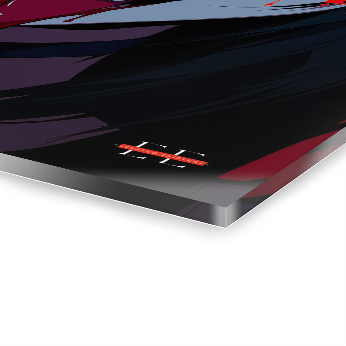 Angled close-up of the "INSATIABLE" acrylic masterpiece showing glossy artwork in dark red, blue, and black.